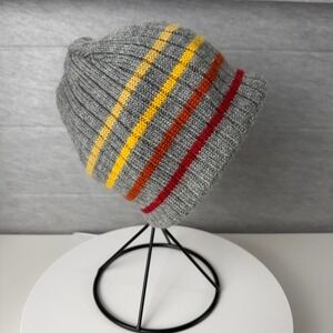 Merkley Headwear Gray Knit Beanie Hat Multicolor Stripes Wool Blend